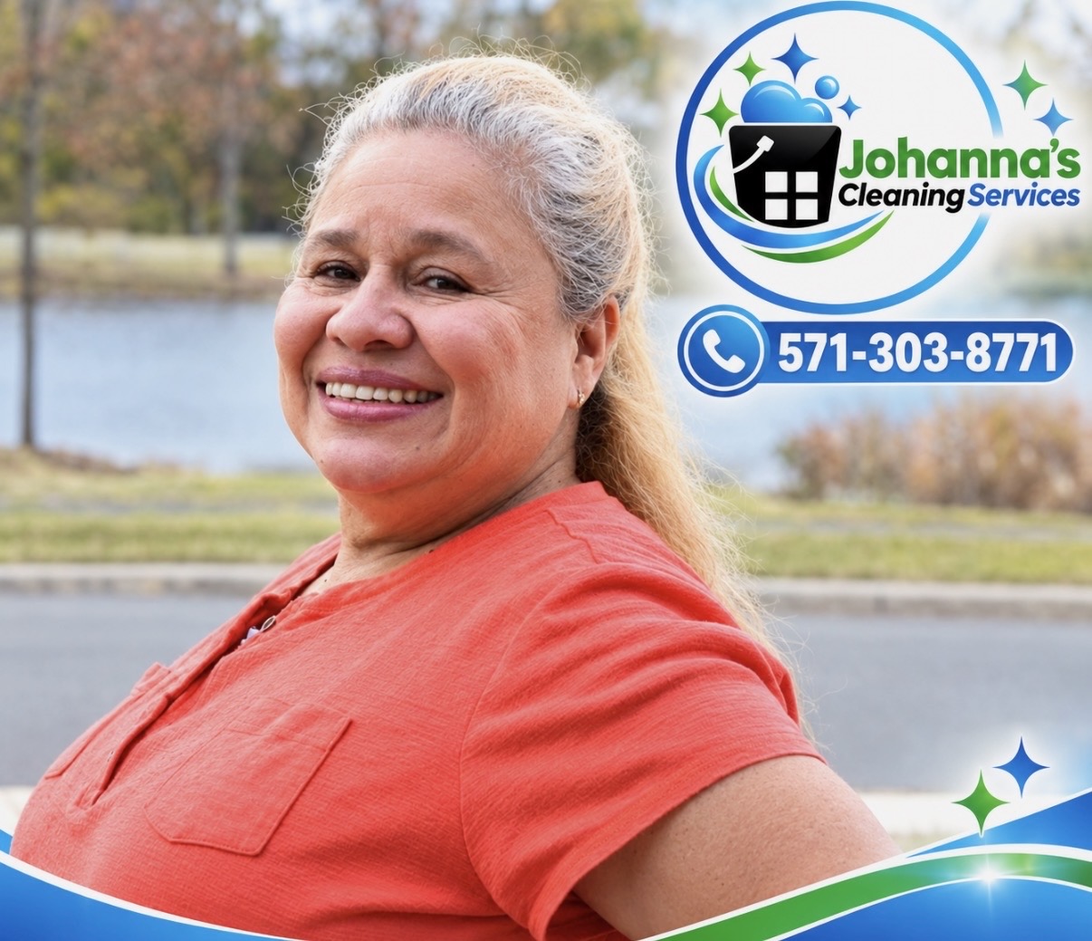 Johanna, owner of Johanna’s Cleaning Services, smiling outdoors in Sterling, Virginia